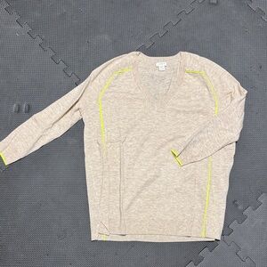 J. Crew Beige V-Neck Sweater with Neon Highlights
